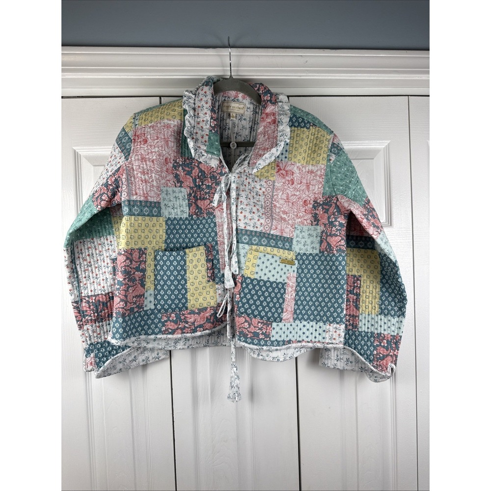 Simply Southern Women Quilted Patchwork Jacket Ruffle Collar Floral Tie Front L